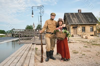 Couple of lady and soldier in retro style picture