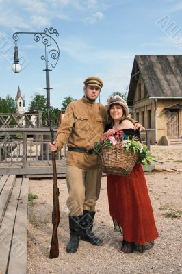 Couple of lady and soldier in retro style picture