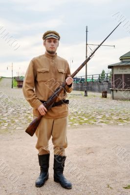 Soldier with  gun in retro style picture