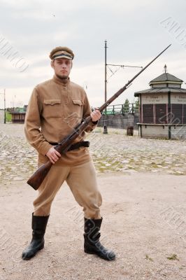Soldier with  gun in retro style picture