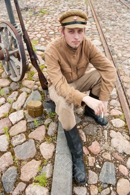 Retro style picture with smoking soldier.