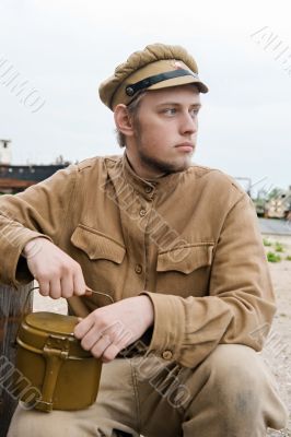 Soldier with boiler in retro style picture