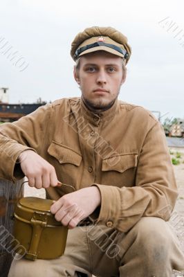 Soldier with boiler in retro style picture