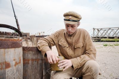 Soldier with boiler in retro style picture