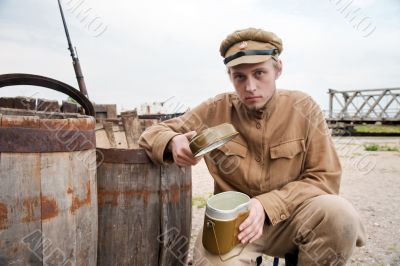 Soldier with boiler in retro style picture
