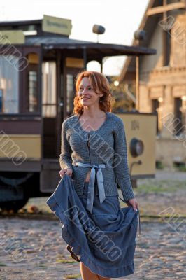 Women and retro tram