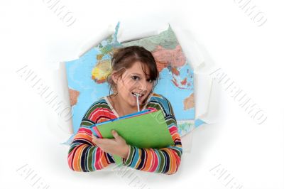 Woman bursting out of geography class