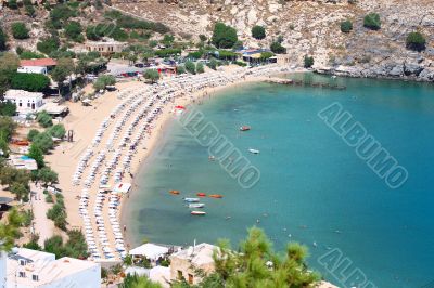 View from above of the main beach in Lindos