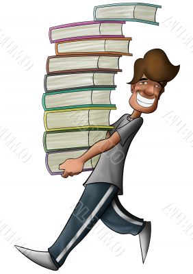 boy holding a lot of books boy holding a lot of books