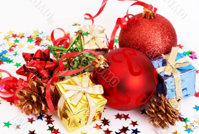 Red Christmas baubles and other decorations Red Christmas baubles and other decorations