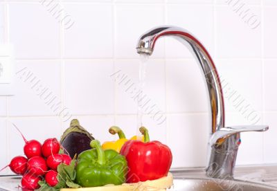 fresh vegetables in the sink 