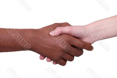 Metis person and white person shaking hands