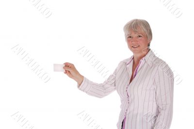 Senior Woman Passing Blank Business Card