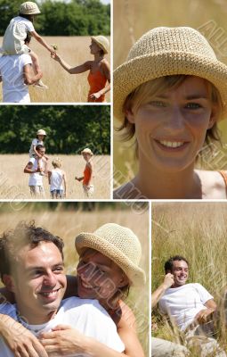 Collage of a family walking in a field