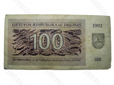 Lietuvos respublika 100 talonas. Temporary currency 1992