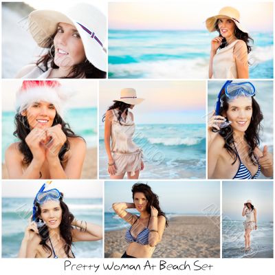 Set of different photo. Young pretty woman lifestyle. Beach collection.