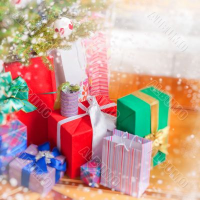 Christmas Tree and Christmas gift boxes in the interior