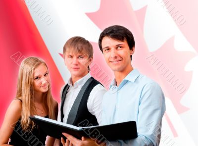 Group of young students standing with their teacher against Cana