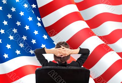 Closeup portrait of cute young business woman from behind sittin