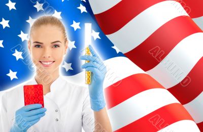 Portrait of female doctor or scientist showing and analyzing liq