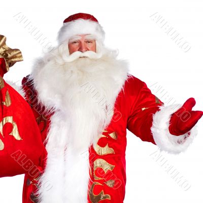 Santa Claus standing up on white background with his bag full of