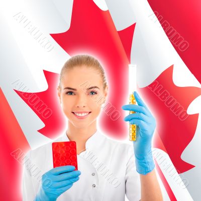 Portrait of female doctor or scientist showing and analyzing liq