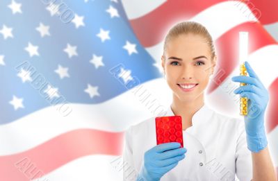 Portrait of female doctor or scientist showing and analyzing liq