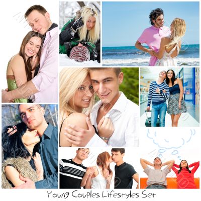 Set of different photo. Different couples in different places an