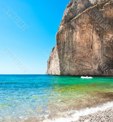 Bright view of calm wild beach of spanish coast line. Clean Medi