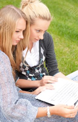Portrait of two smiling women using laptop on a green meadow at 