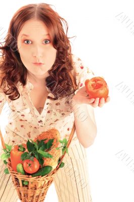 Closeup portrait of young caucasian woman with straw basket of f