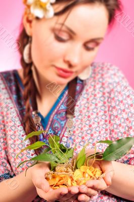 Portrait of a beautiful young girl in Asian clothing.