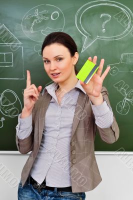 Closeup portrait of young woman thinking of her plans using gree