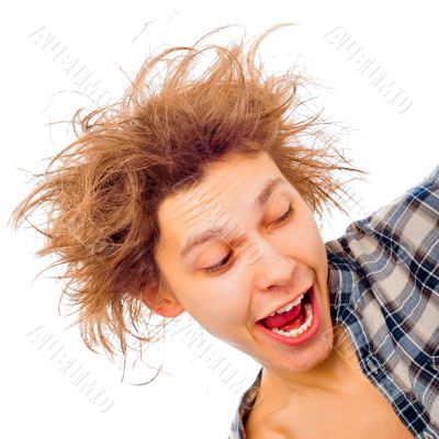 Portrait of funny young man with awesome hairdo isolated on whit