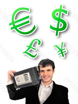 Portrait of young businessman holding metal safe