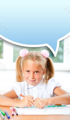 Little girl looking for a drawing concept wile painting picture 