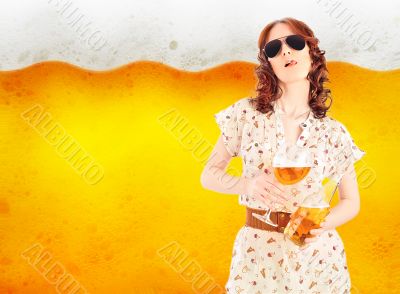 Bright poster of hot sexy woman holding glass and bottle full of