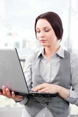 Beautiful business woman concentrating while working on computer Beautiful business woman concentrating while working on computer