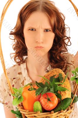 Closeup portrait of young caucasian woman with straw basket of f
