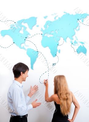 Logistics lesson. Teacher helping to his student with heading. T