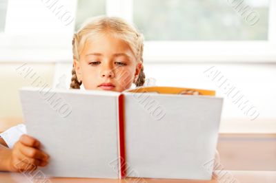 Image of smart child reading interesting book in classroom. Hori