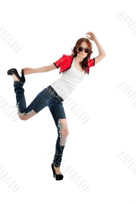 Young trendy woman isolated on white background.