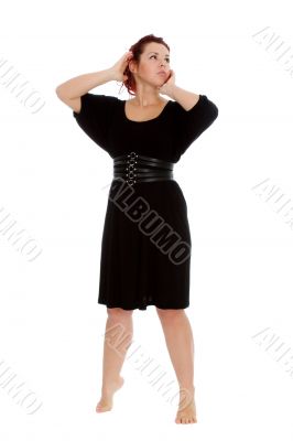 Young girl in black dress on white backgroung