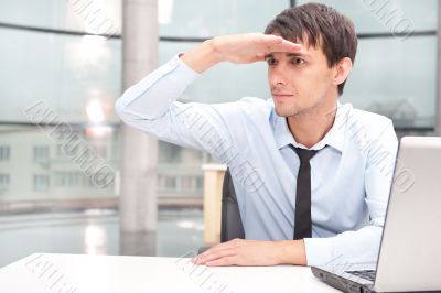Closeup portrait of businessman looking for employees. 