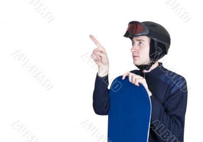 Portrait of handsome man in sportswear with snowboard isolated o