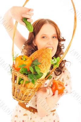 Closeup portrait of young caucasian woman with straw basket of f