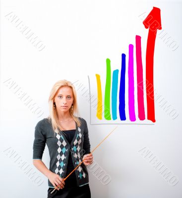 Young business teacher showing growing profit with graph on whit