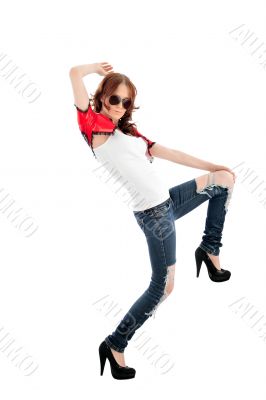 Young trendy woman isolated on white background.