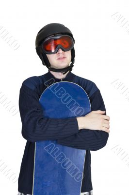 Portrait of handsome man in sportswear with snowboard isolated o