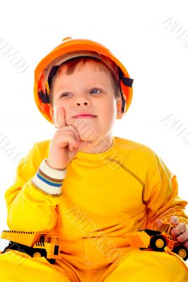 Little boy with helmet and tools. isolated on white. He is think